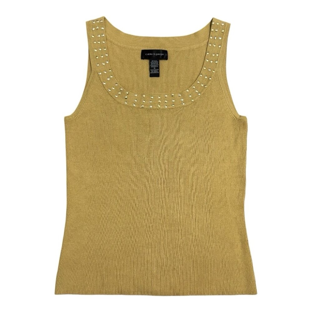 Cable & Gauge Mustard Silk Blend Tank Top M Studded Neckline Sleeveless Knit